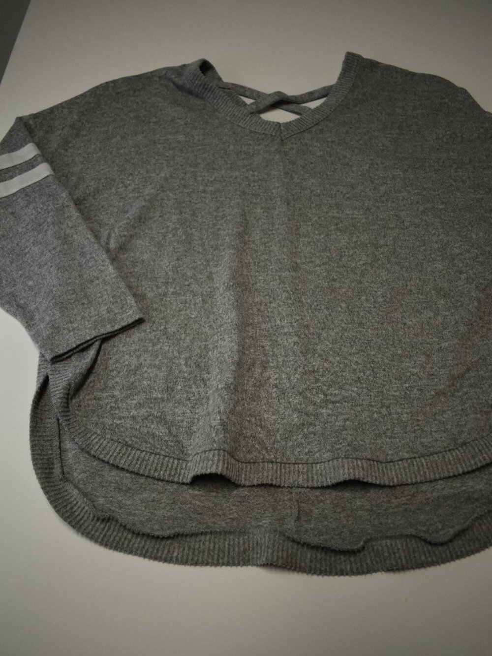 XXL No Boundaries Women's Gray Varsity Stripe High Low Sweater Criss Cross Back